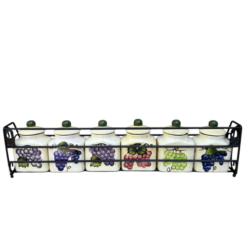 Vintage Style Eyes by Baum Bros Ceramic Spice Jar Rack Grape Writing